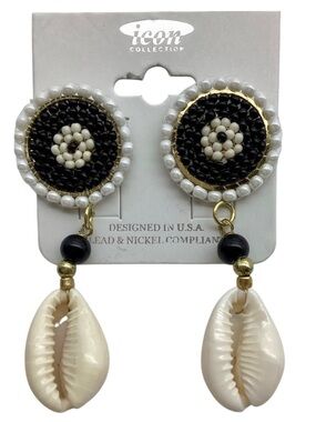 Icon Collection Black Seed Bead Cowrie Shell Drop Stud Earrings (NWT)